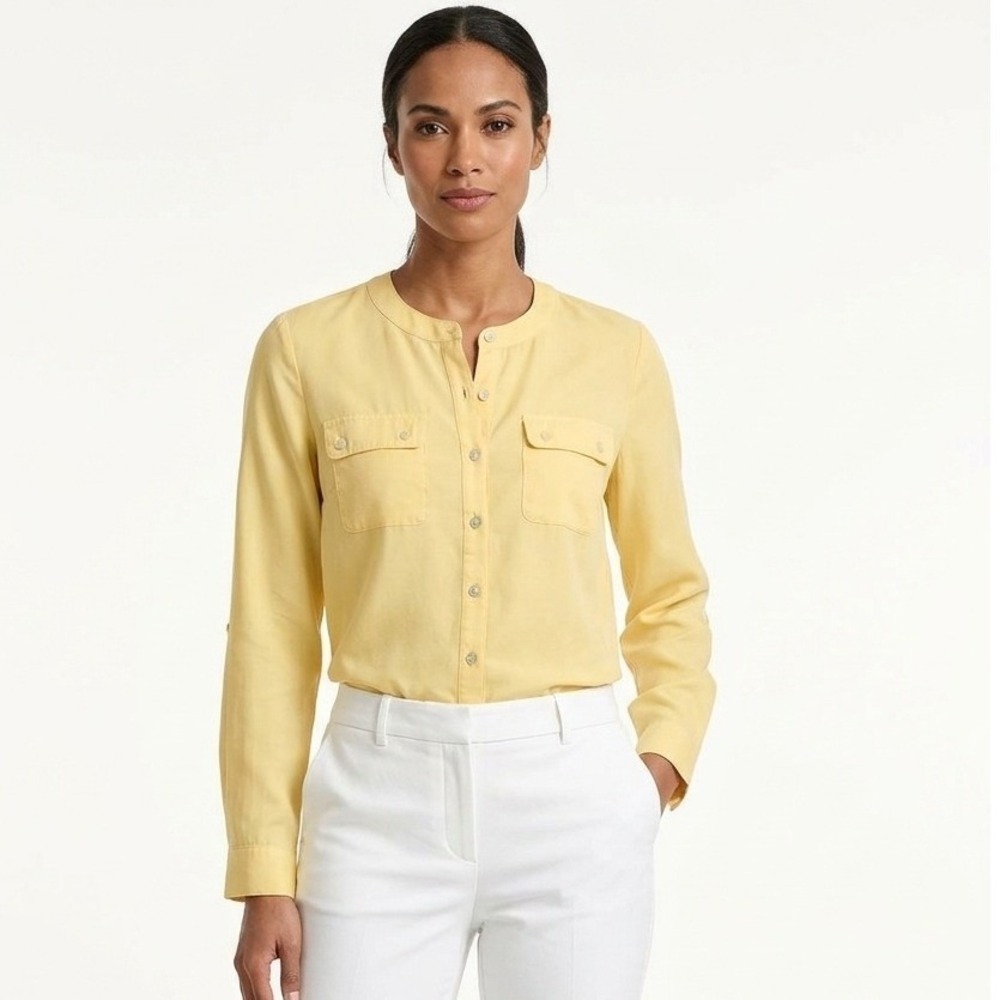 Chicos Yellow Modal Blend Band Collar Button Down Blouse Size 0 Small